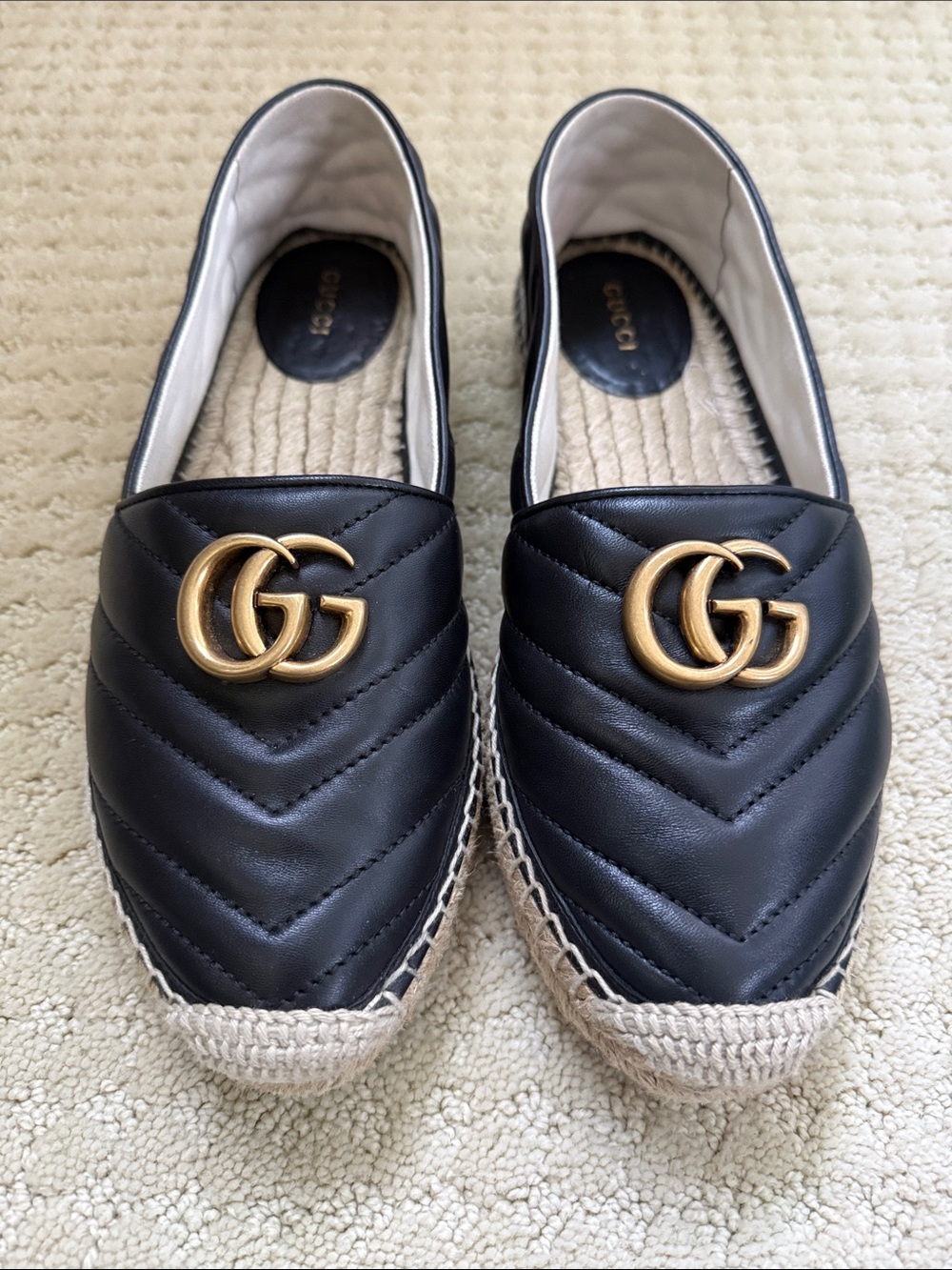 Gucci Black Quilted Leather Espadrilles with Gold Double G